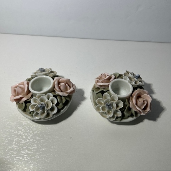 Rose Candle Holders Ceramic Pink And White  Pink Glitter Candles Vintage - Picture 3 of 7